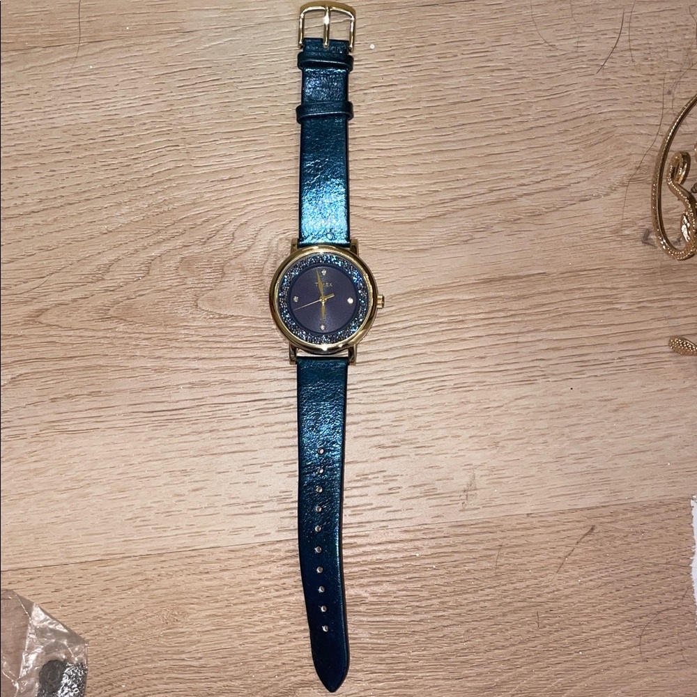 Timex • Blue Metallic Watch with Gold Accents